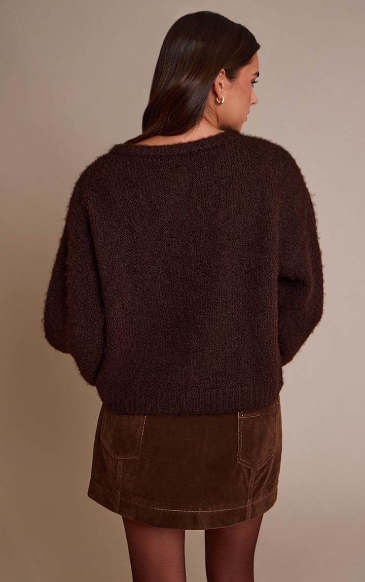 Chocolate Brushed Oversized Detail Round Neck Cardigan image 2