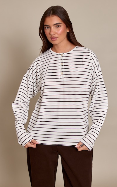 Cream Striped Button Down Detail Oversized Long Sleeve Top