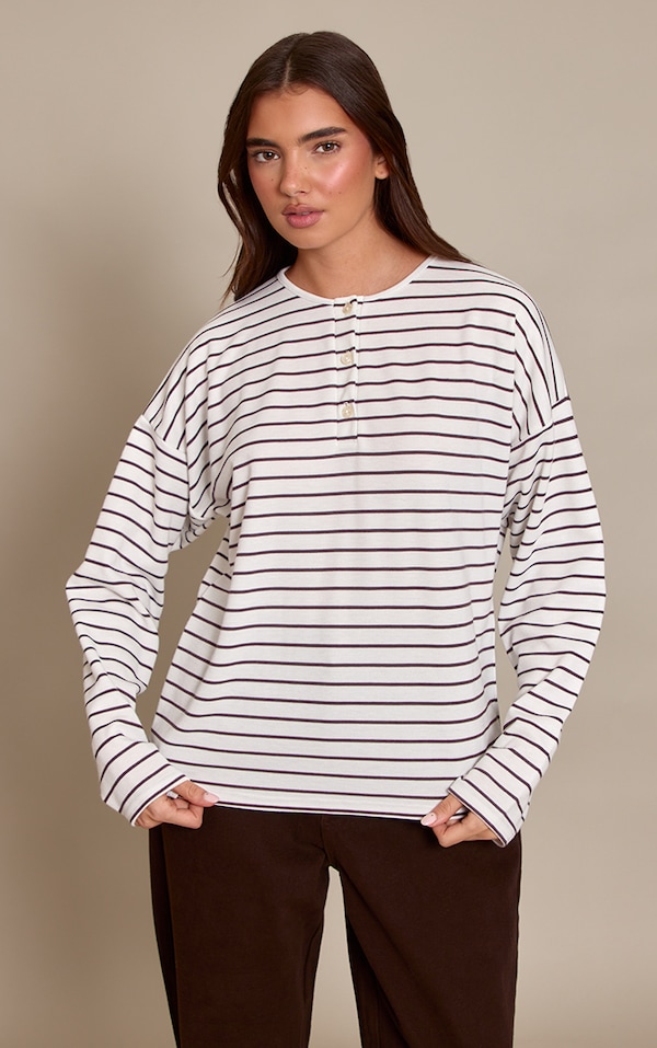 Cream Striped Button Down Detail Oversized Long Sleeve Top