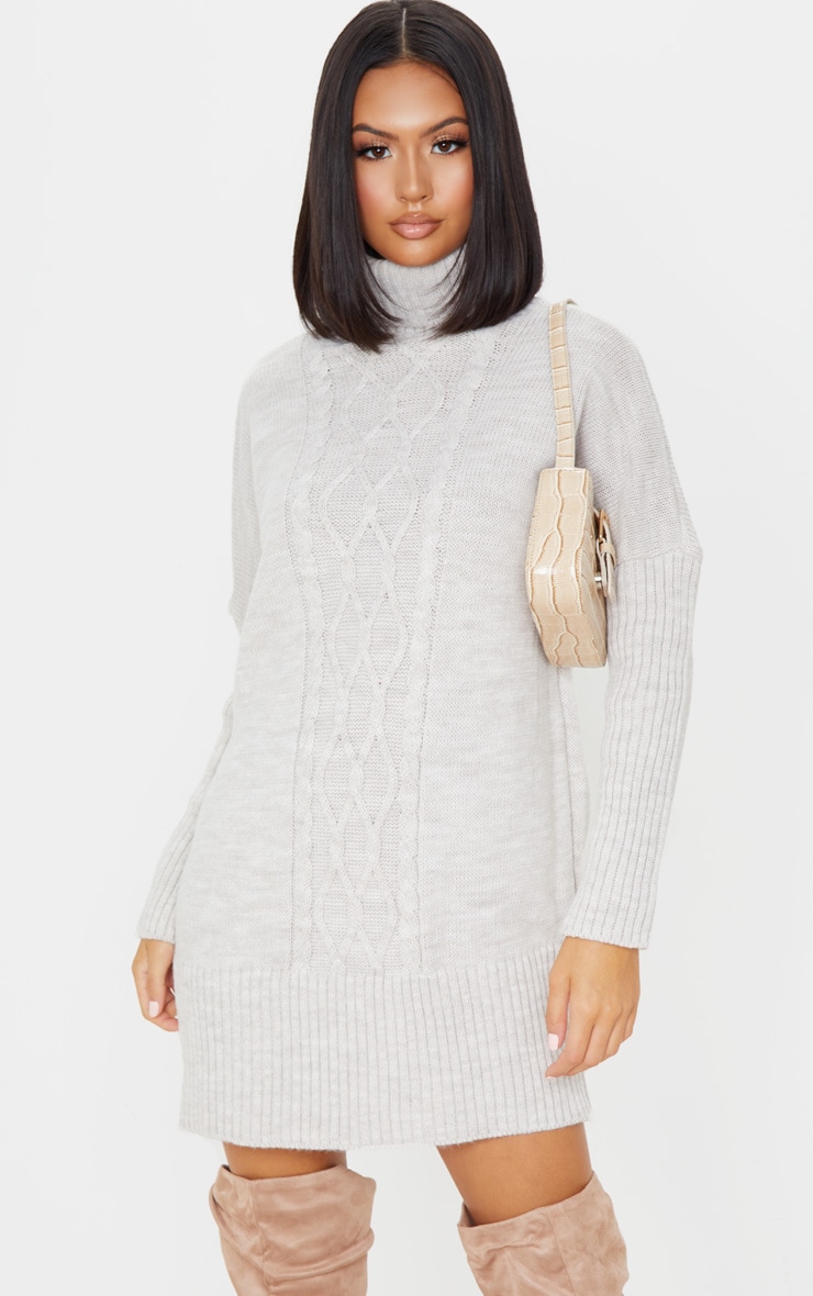 Oatmeal Cable Front Knitted Jumper Dress