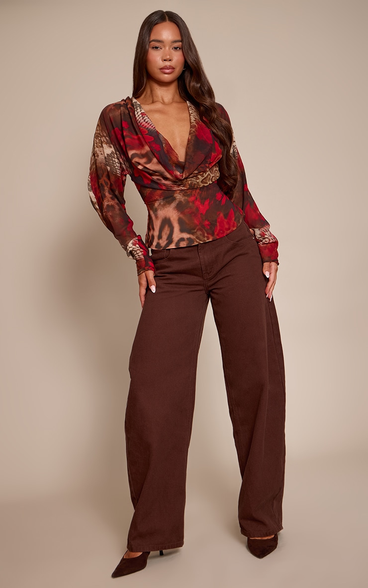 Red Printed Chiffon Cowl Neck Long Sleeve Blouse image 3