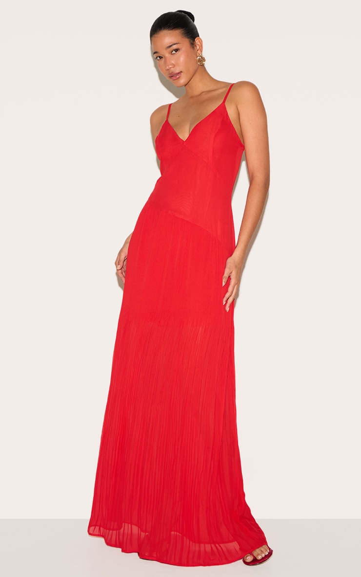 Red Woven Pleated Hem Detail Spaghetti Maxi Dress image 1