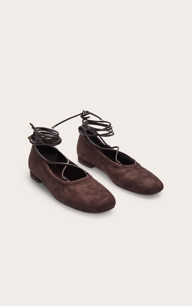 Chocolate Faux Suede Lace Up Ballet Flat image 3