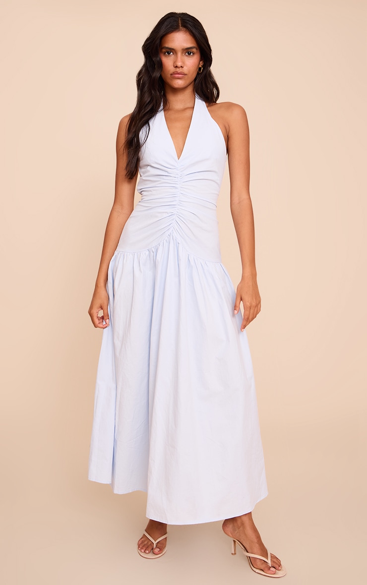 Blue Woven Ruched Detail Maxi Dress image 1