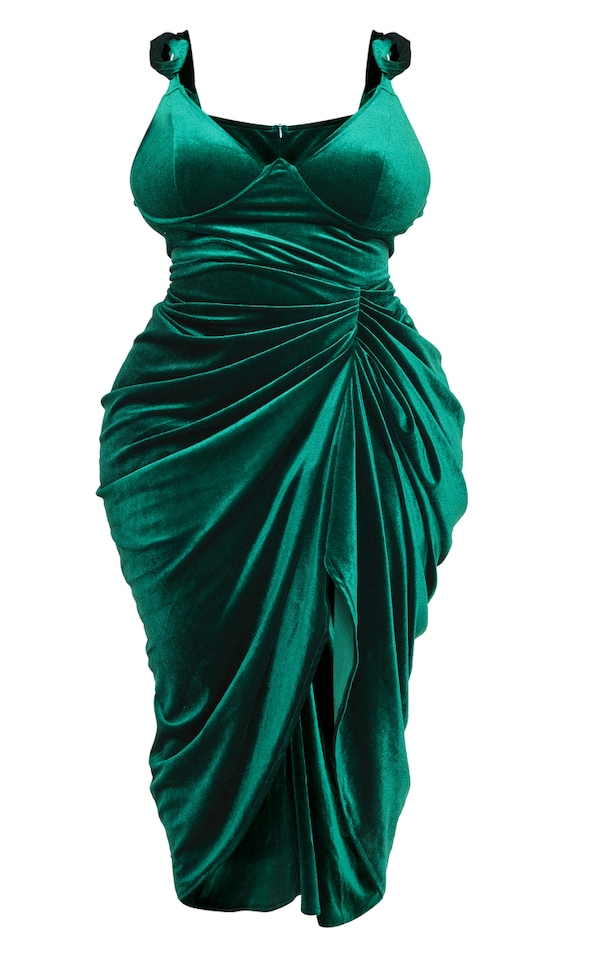 Plus Emerald Green Velvet Underwire Detail Draped Midi Dress