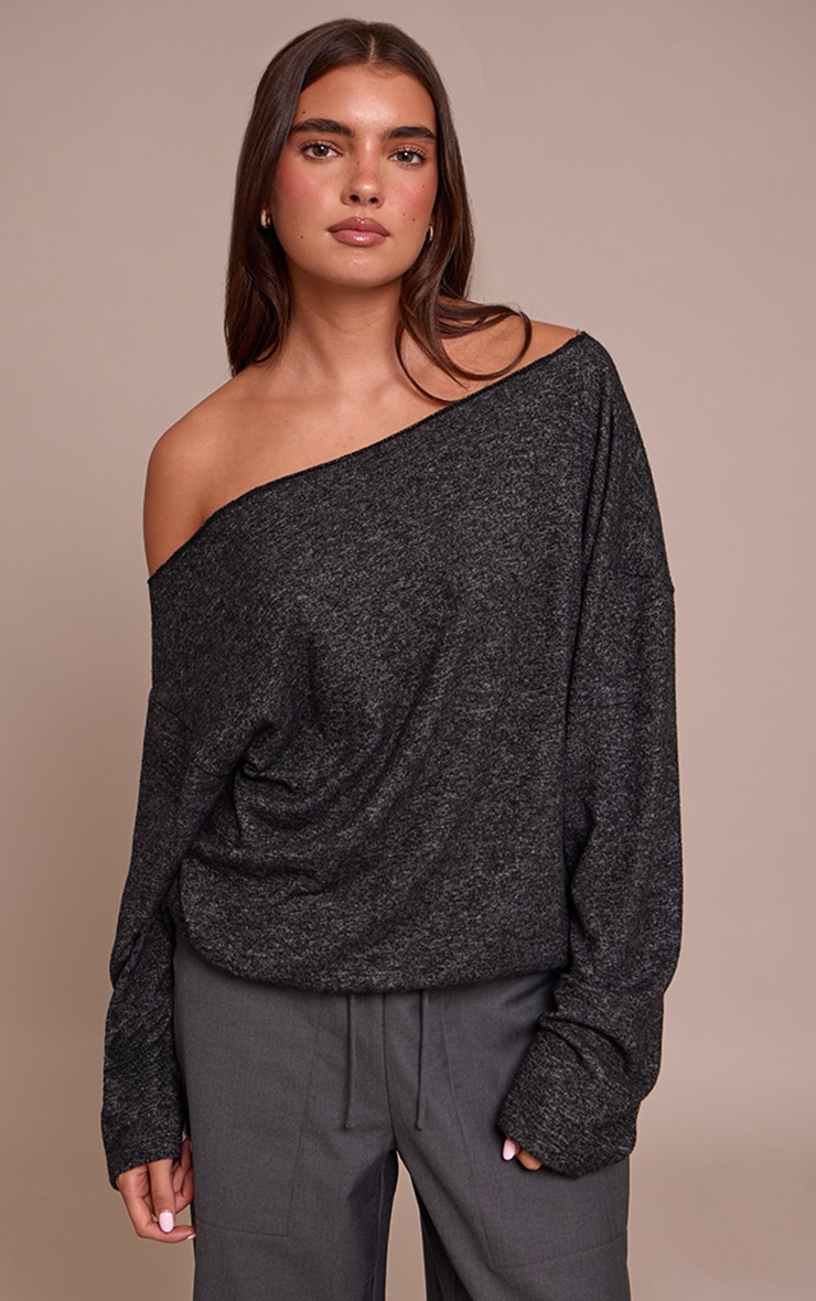Charcoal Soft Knit Asymmetric Oversized Slouchy Long Sleeve Top image 1