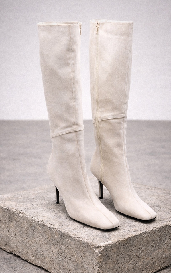 Stone Suede Heeled Knee High Boot