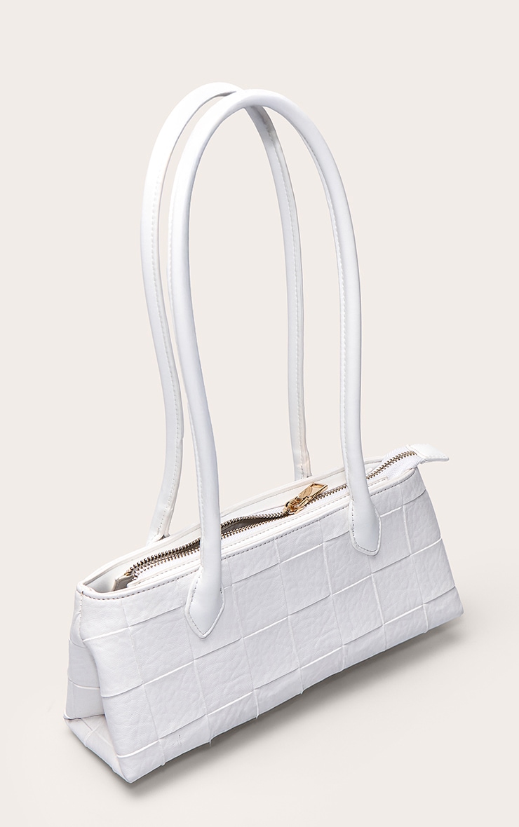 White Weave Elongated Handle Shoulder Bag image 4