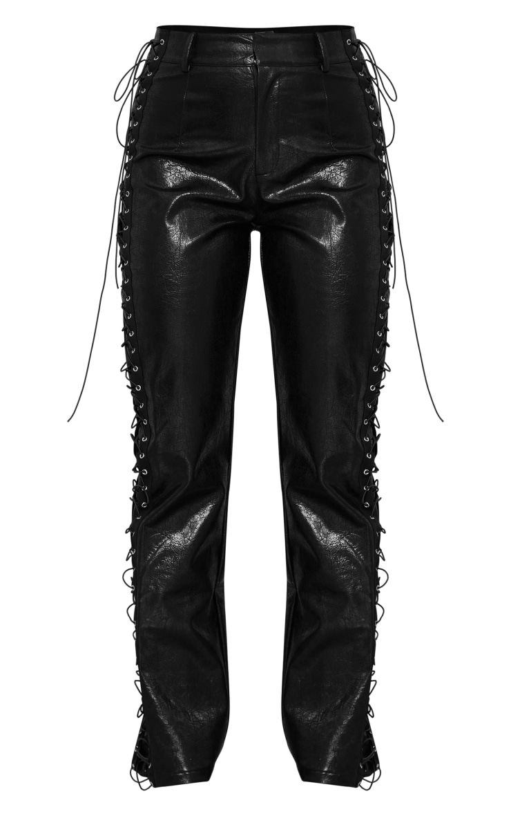 Washed Black Faux Leather Lace Up Straight Leg Pants image 1