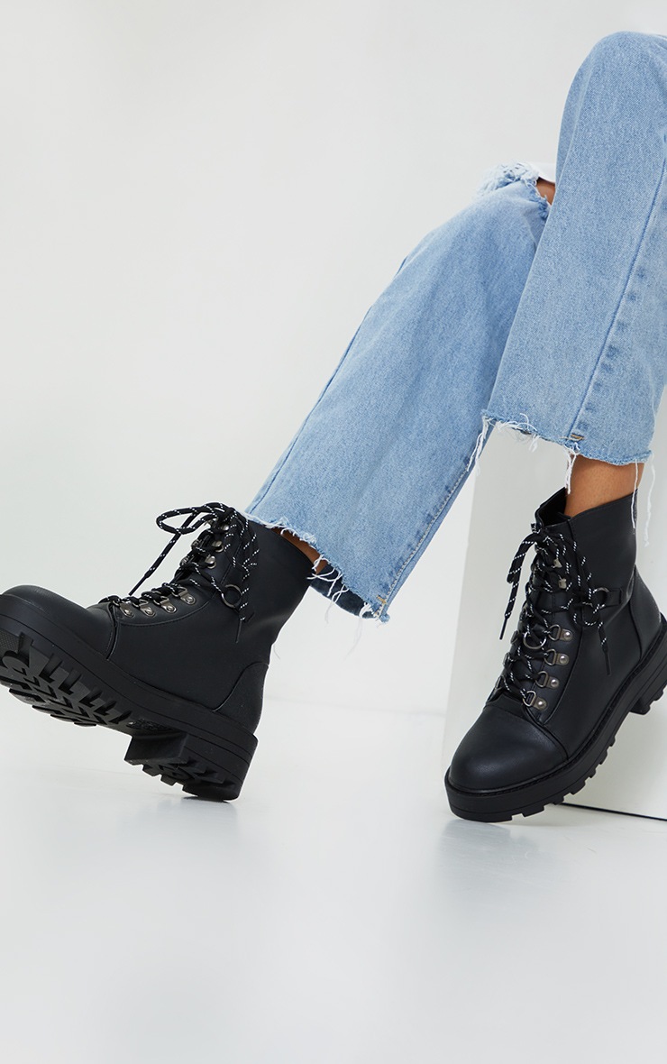 Black Soft Touch PU Chunky Hiker Laces Boots