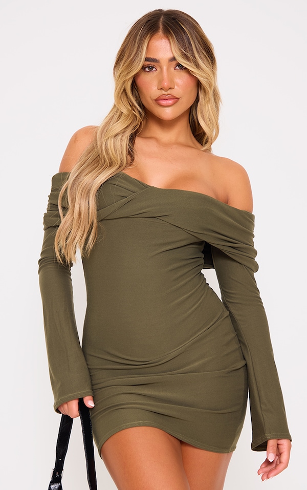Khaki Soft Touch Twist Bardot Bodycon Dress