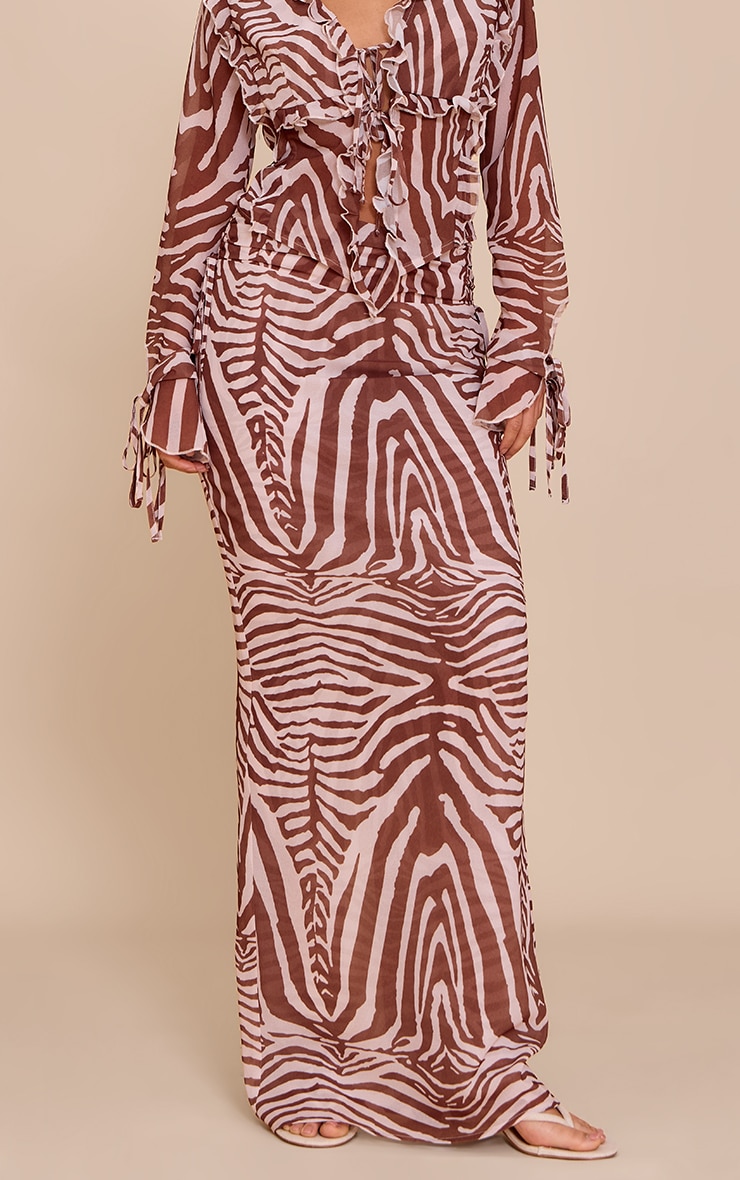 Brown Zebra Print Ruched Chiffon Maxi Skirt image 2