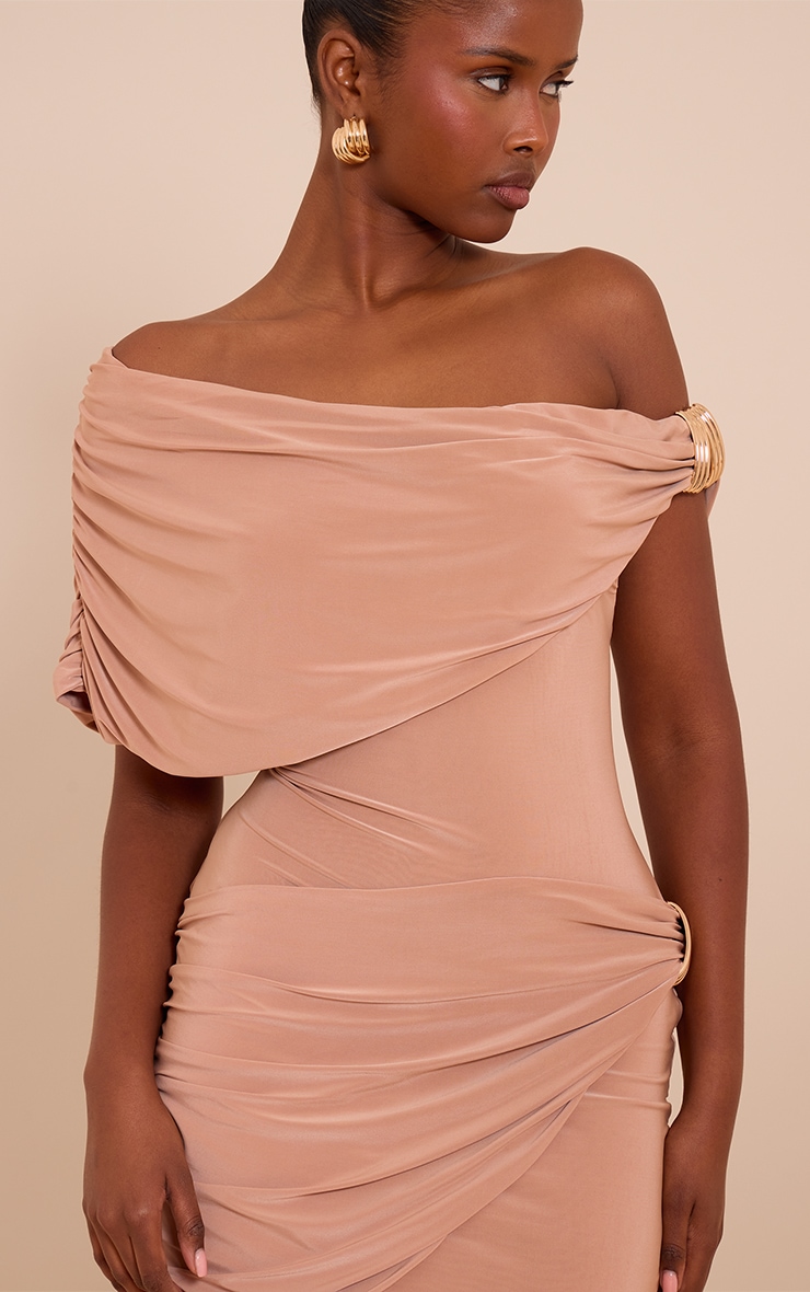 Beige Double Layer Slinky Off The Shoulder Trim Mini Dress image 4