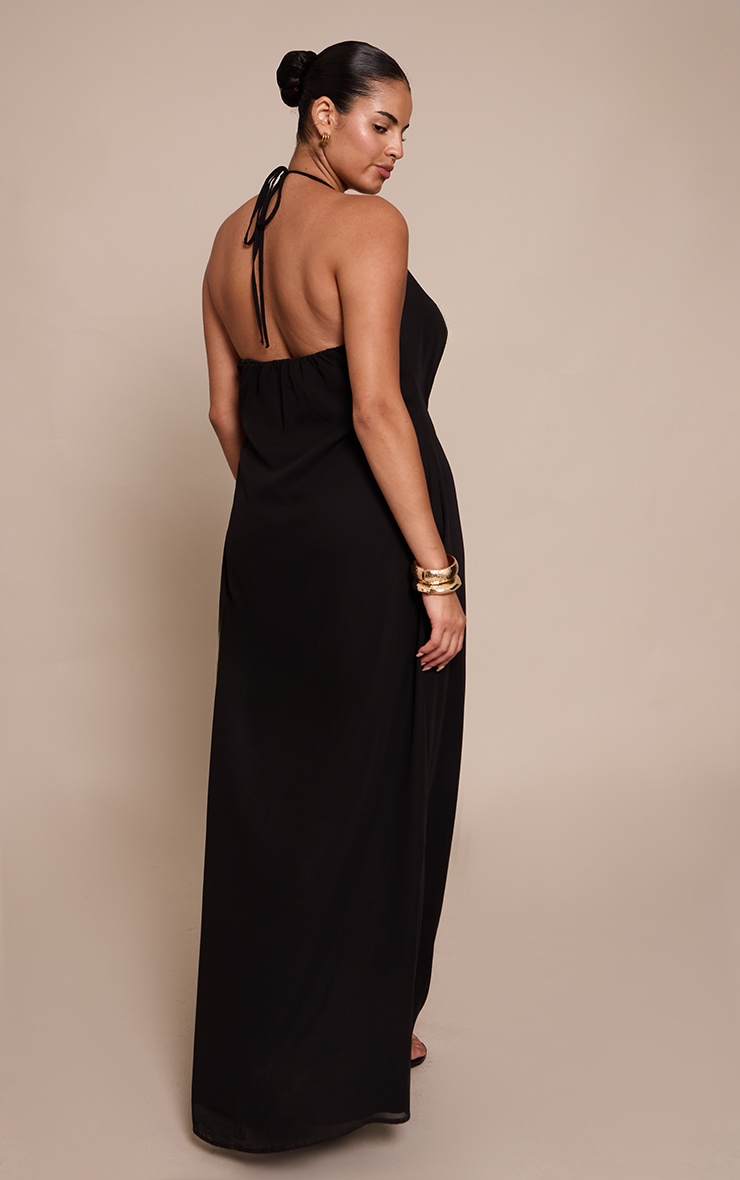 Plus Black Chiffon Halterneck Trim Detail Maxi Dress image 2