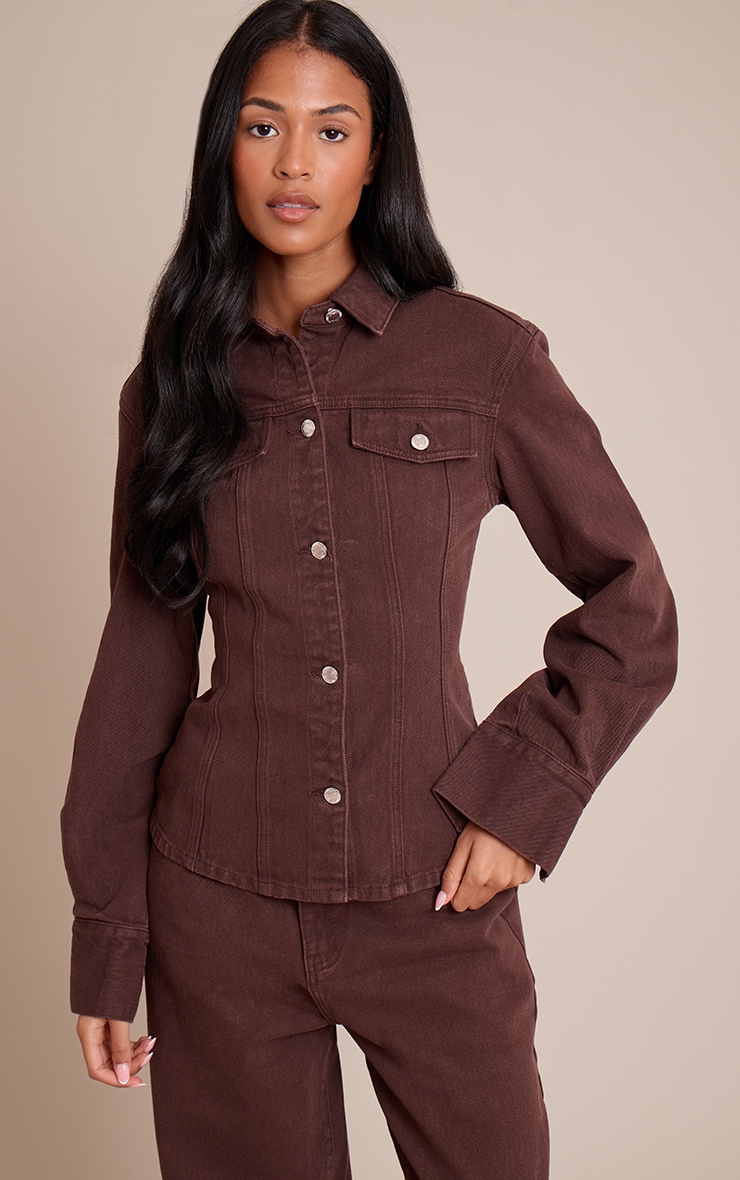 Tall Chocolate Long Sleeve Fitted Denim Shirt image 1