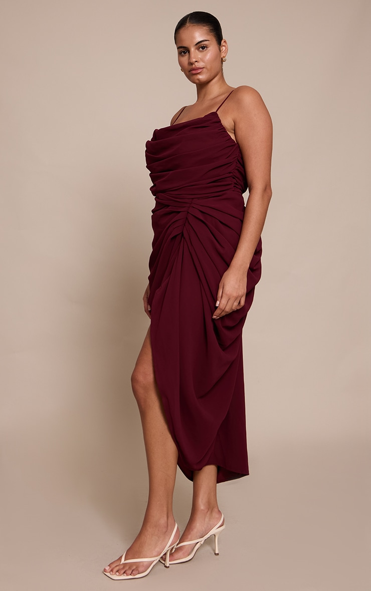 Plus Wine Ruched Chiffon Drape Midi Dress image 3