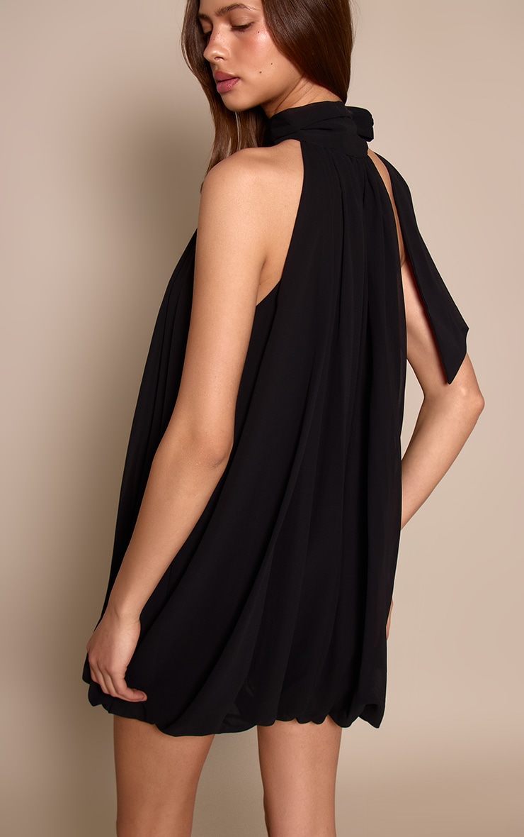 Black Chiffon Neck Tie Puffball Mini Dress image 2