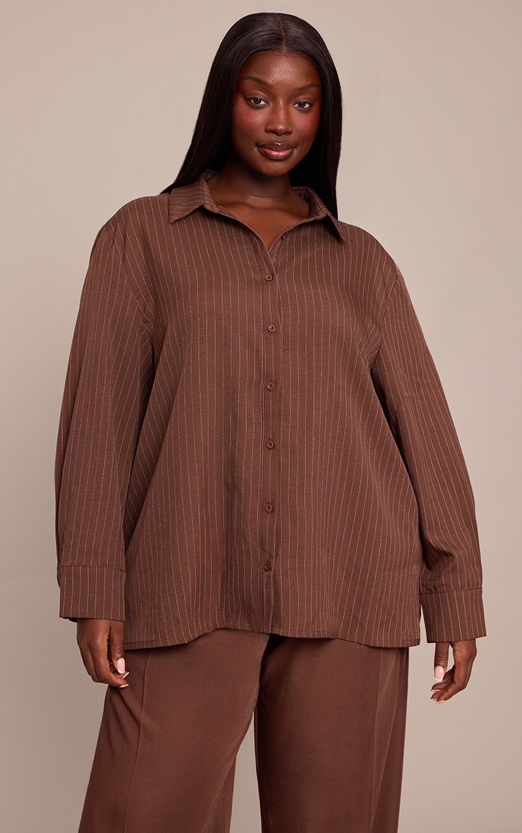 Plus Striped Chocolate Oversized Cotton Shirt image 1