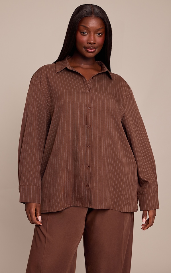 Plus Striped Chocolate Oversized Cotton Shirt