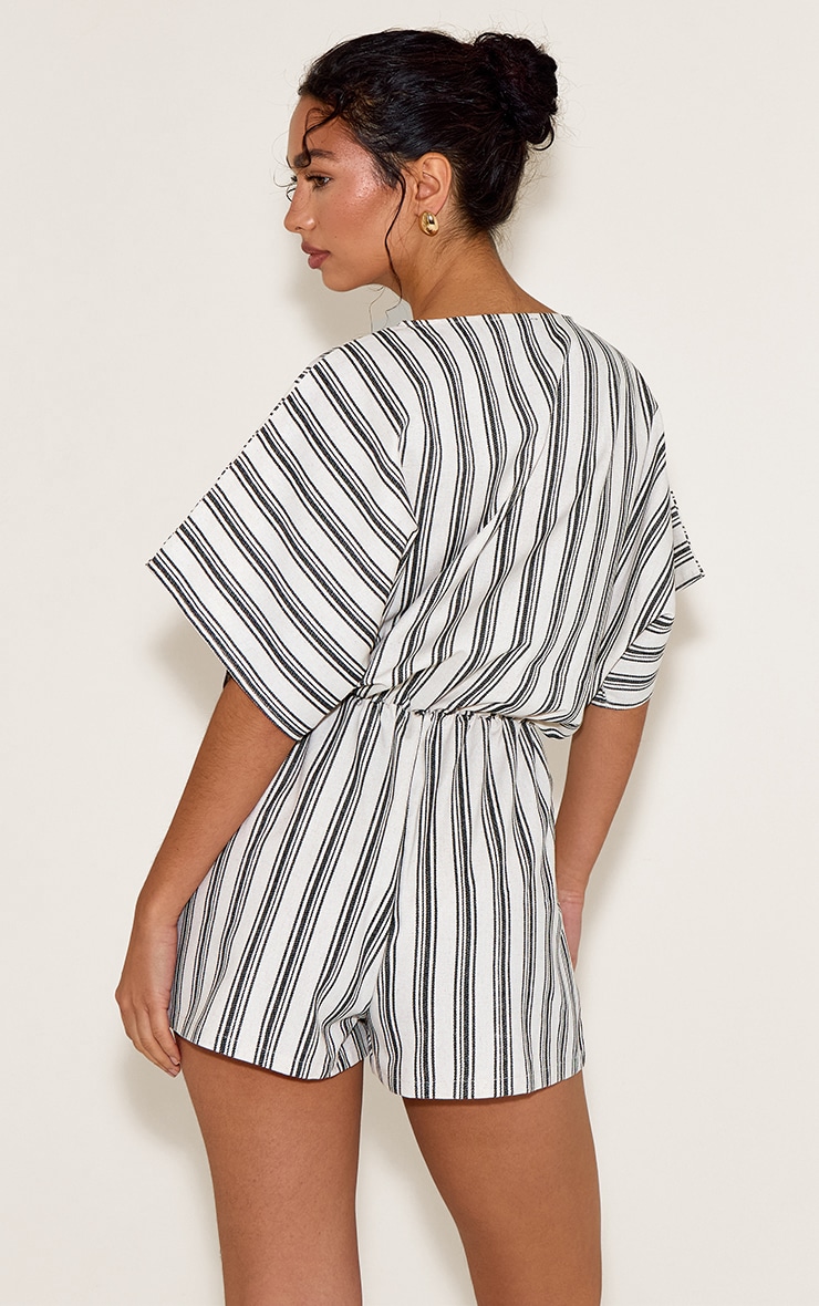 White Woven Stripe Bag Wing Tie Romper image 2