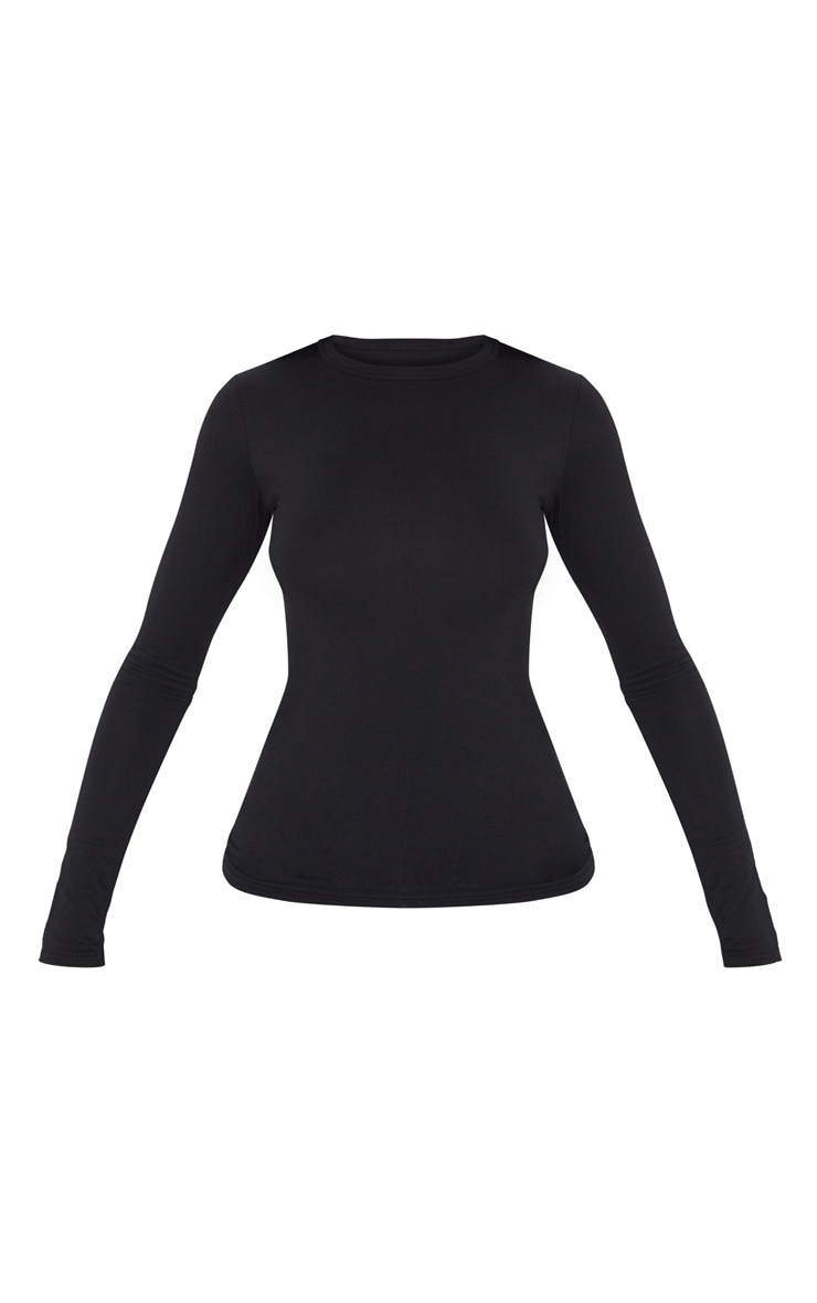 Basic Black Cotton Blend Long Sleeve Fitted T Shirt PrettyLittleThing