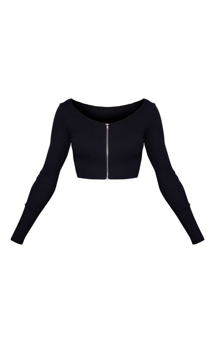 Black Rib Zip Up Off Shoulder Crop Top image 5