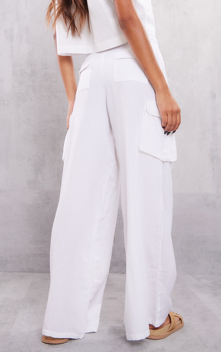 Pantalon cargo large effet lin blanc à taille haute image 3