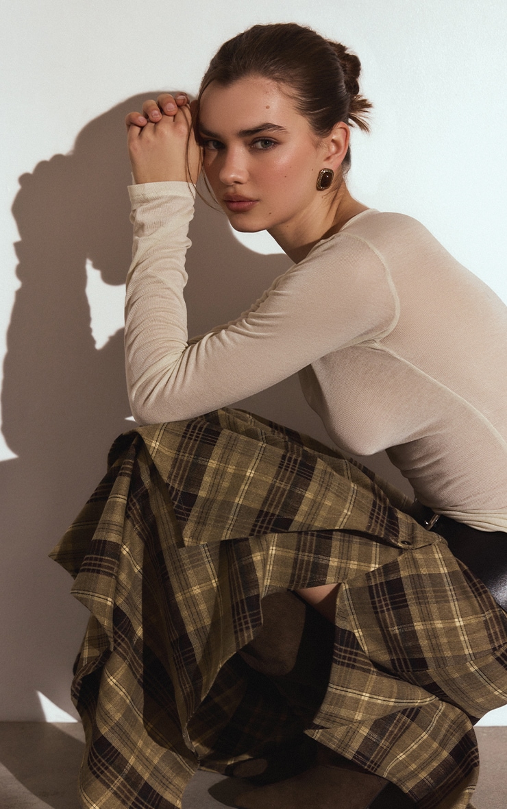 Cream Sheer Soft Touch Crew Neck Long Sleeve Top image 4