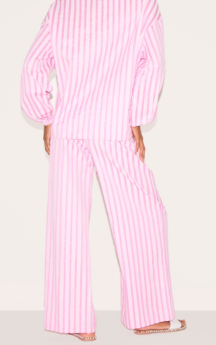 Pink Striped Textured Tie Drawstring Wide Leg Pants image 3