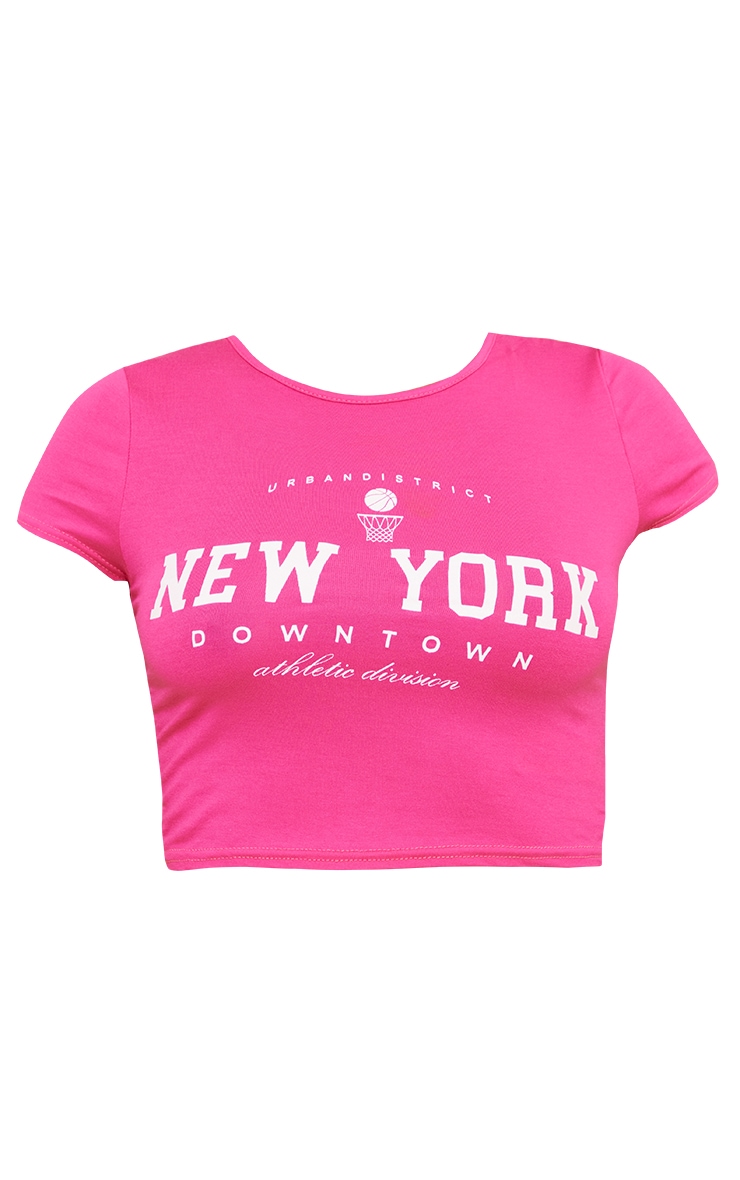 Hot Pink New York Downtown Print Babydoll Crop T Shirt image 5