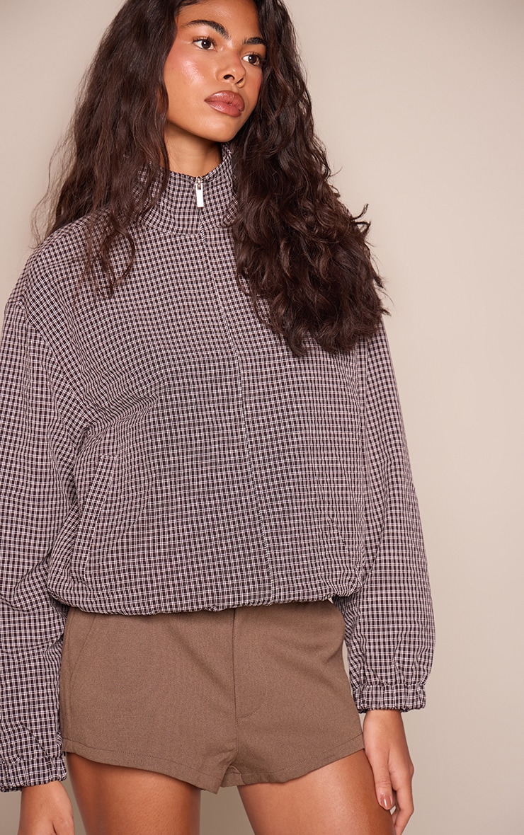 Brown Checkered Zip Up Twill Bomber Jacket