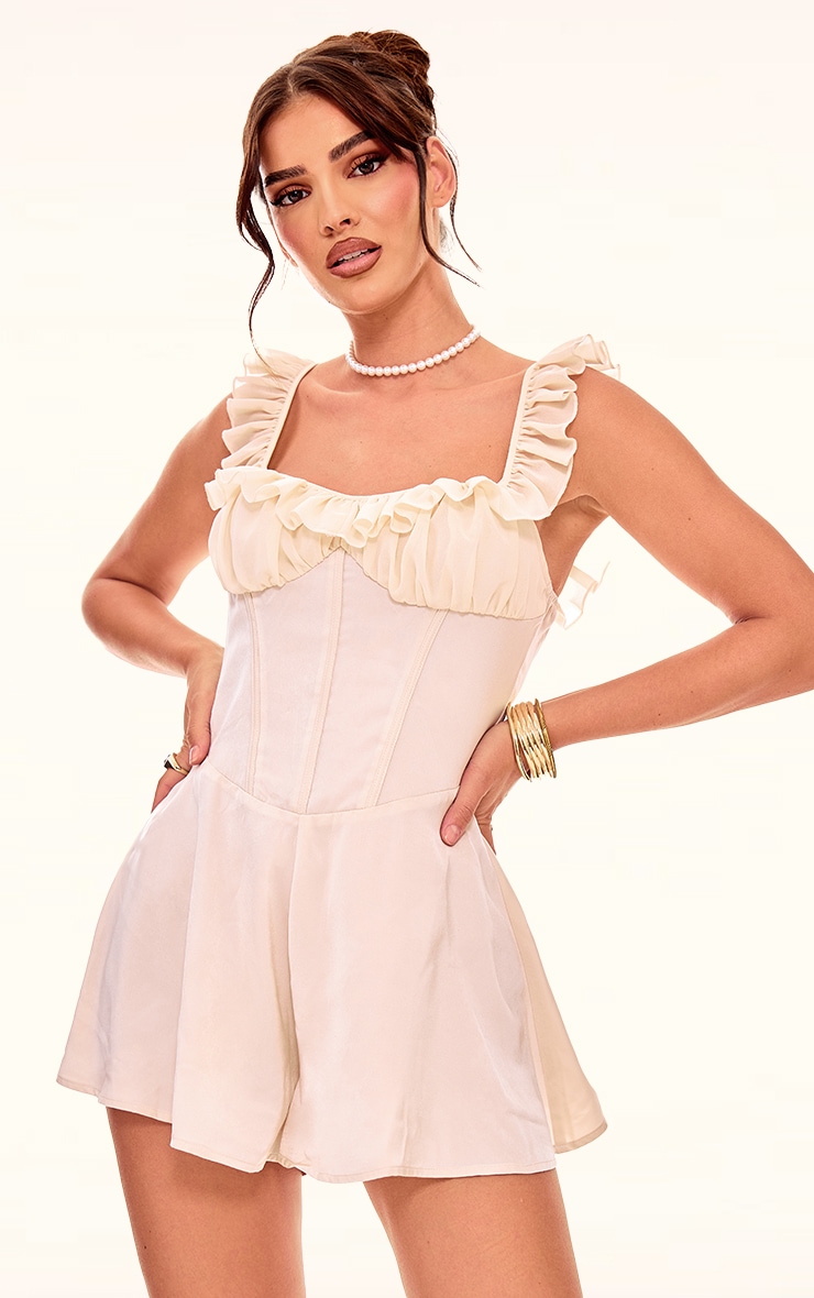 Cream Ruffle Sleeve Satin Floaty Playsuit image 1