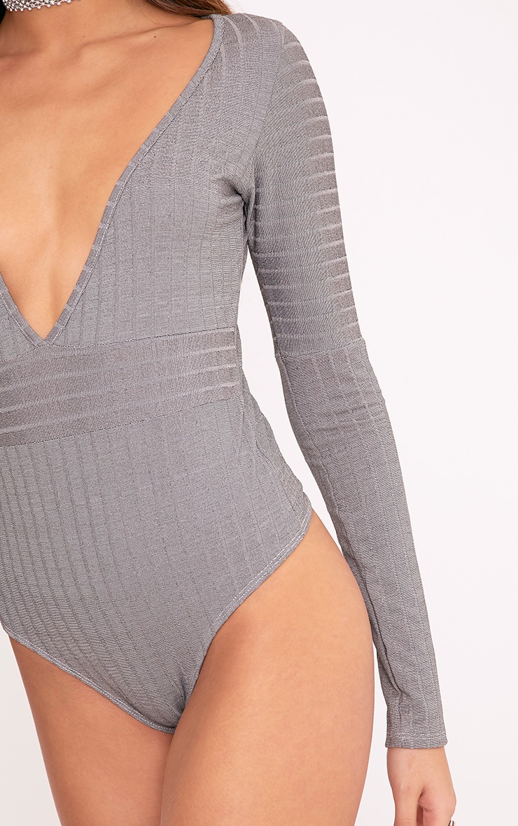 Sophy Grey Slinky Shimmer Stripe Plunge Thong Bodysuit Shop Tops