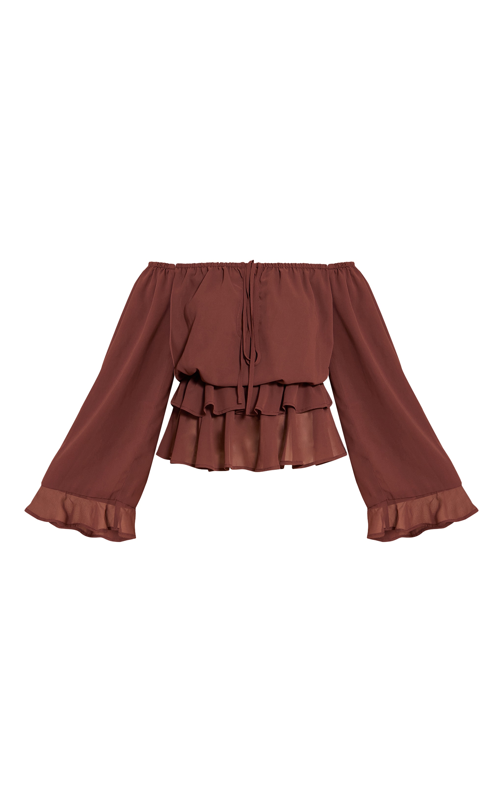 Chocolate Chiffon Bardot Frill Detail Long Sleeve Top image 5