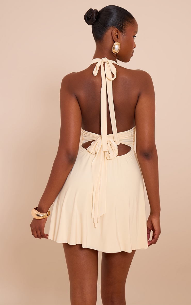 Butter Cream Double Layer Slinky Halter Neck Tie Back Shift Dress image 2