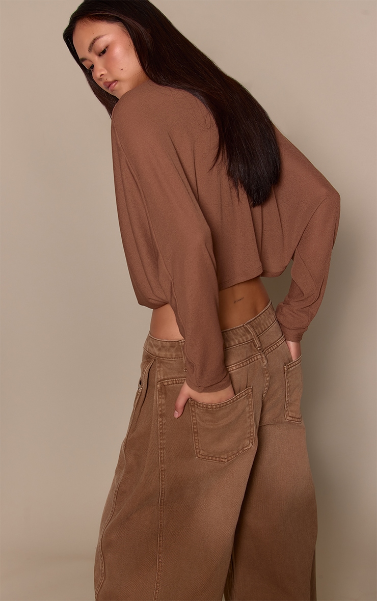 Brown Burnout Mesh Twist Front Slouchy Long Sleeve Top image 2
