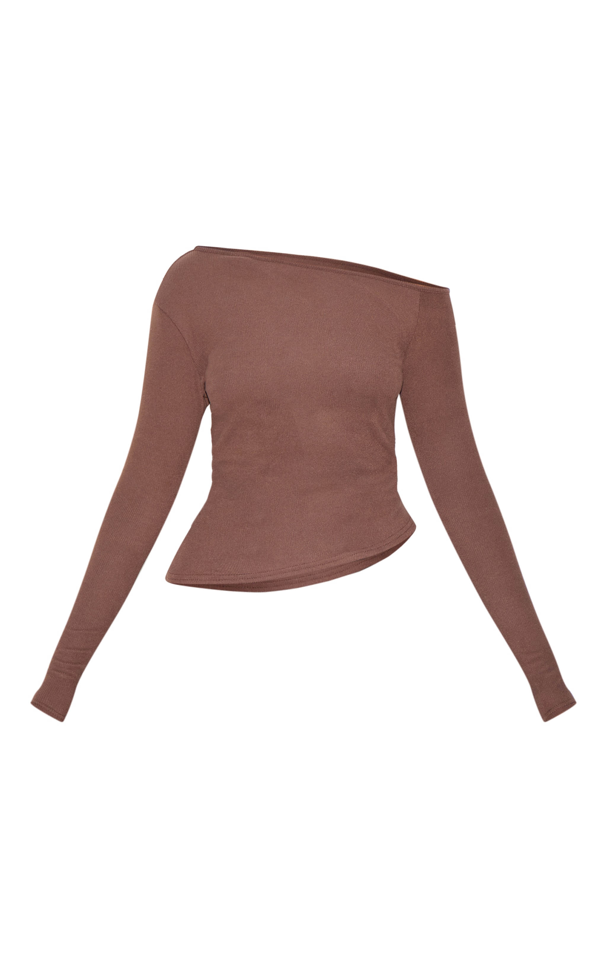 Top côtelé doux chocolat à col asymétrique et manches longues image 5