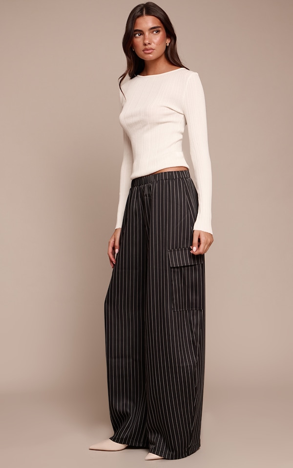 Black Pinstripe Woven Wide Leg Cargos 