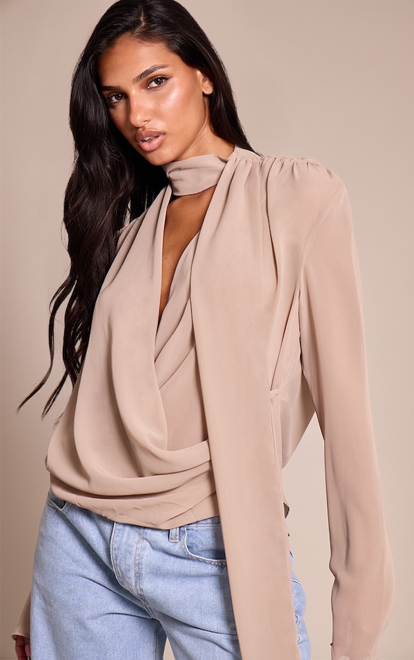 Stone Chiffon Scarf Detail Extreme Cowl Neck Blouse