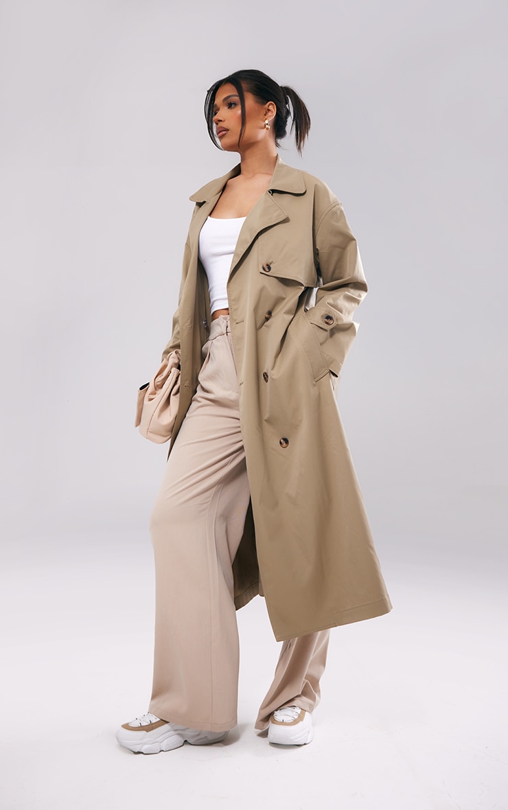 Light Khaki Button Through Oversized Trench Coat image 3
