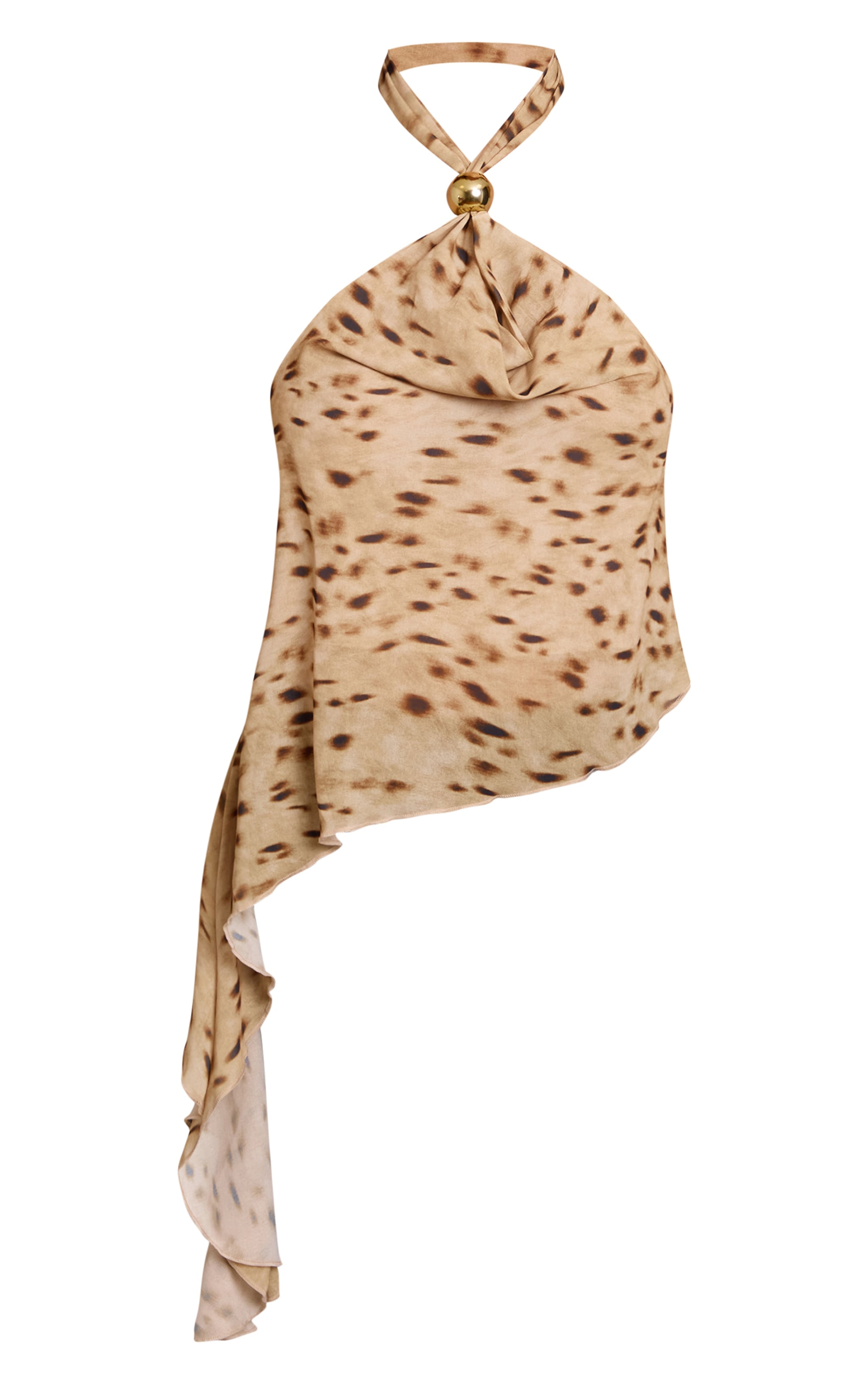 Beige Printed Trim Detail Halterneck Chiffon Long Top image 5