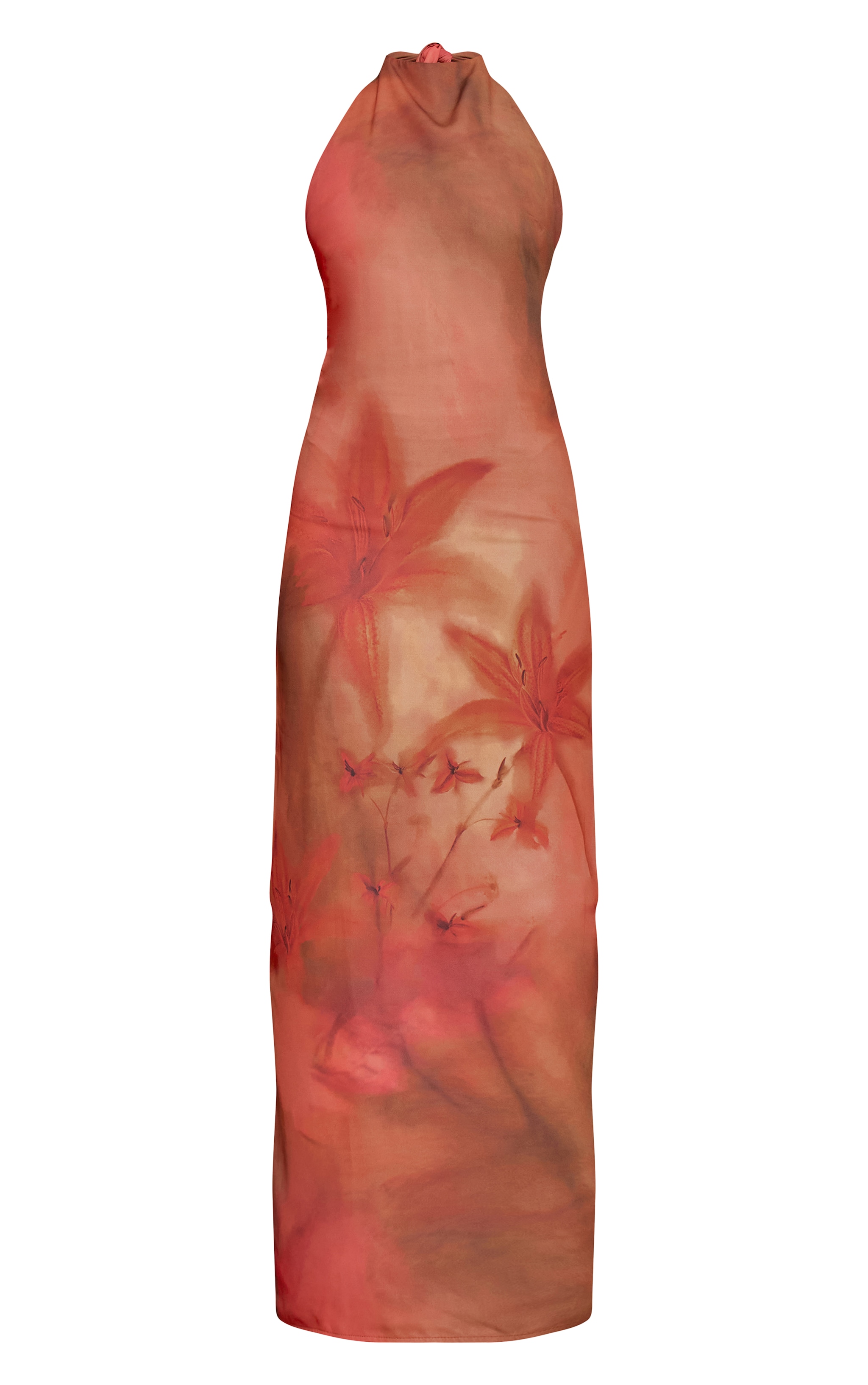 Robe longue en mousseline de soie orange fleurie à col montant image 5