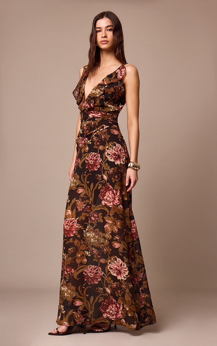 Black Floral Printed Chiffon Ruched Detail Maxi Dress image 3