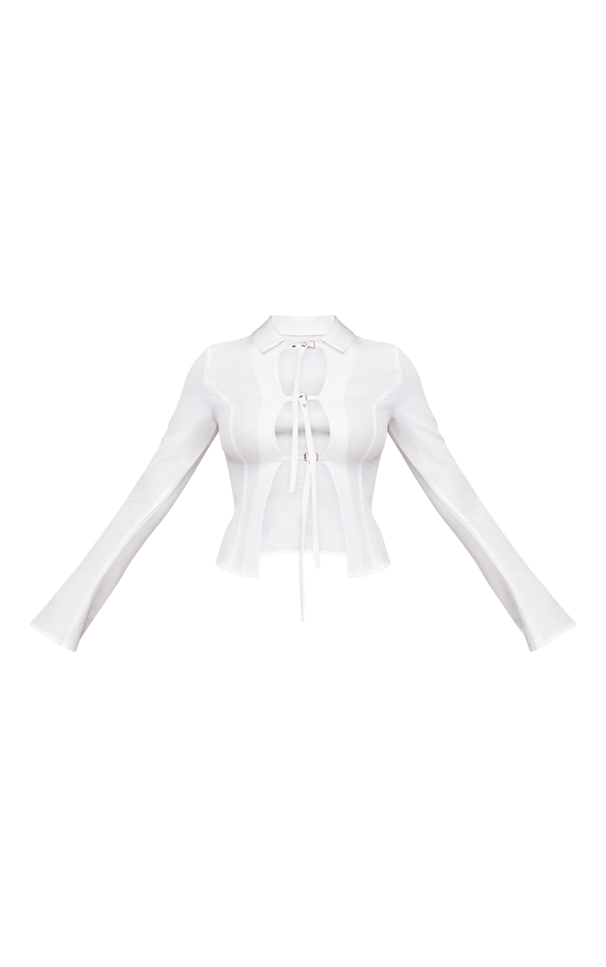 White Fitted Buckle Detail Shirt Tops PrettyLittleThing white-bengaline-cinched-waist-long-sleeve-shirt-tops-prettylittlething