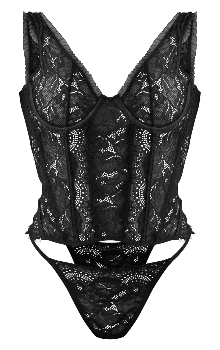 Black Lace Frill Detail Underwired Corset Lingerie Set image 5