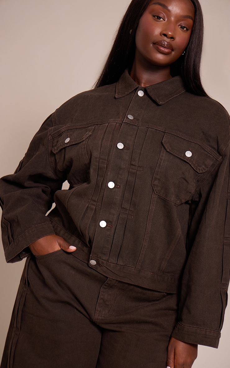 Plus Dark Chocolate Pleat Detail Boxy Denim Jacket
