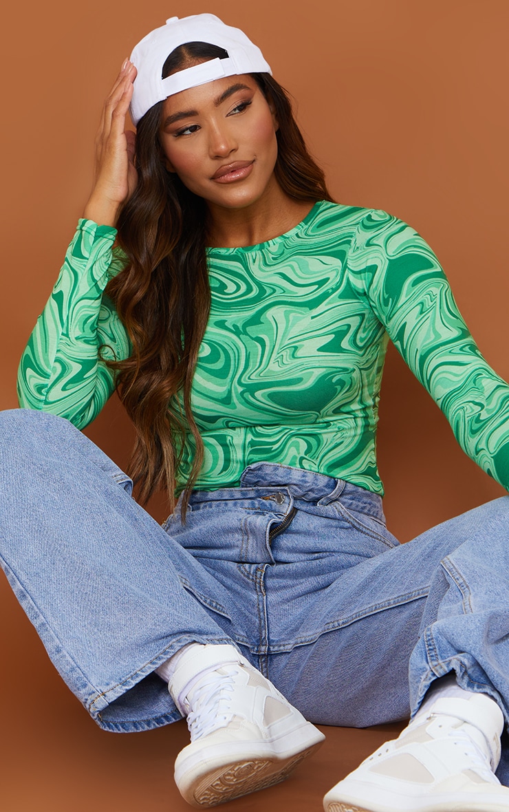 Green  Swirl Print Crew Neck Long Sleeve Bodysuit image 2