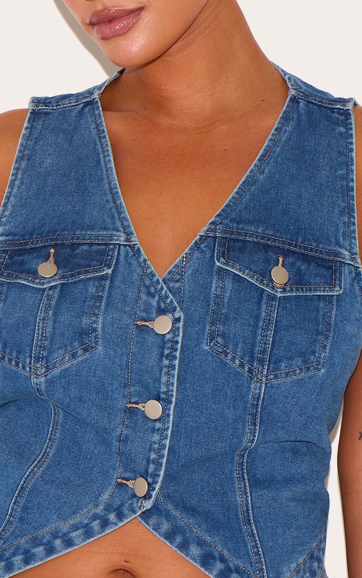 Plus Indigo Blue Wash Halterneck Button Front Denim Vest image 4