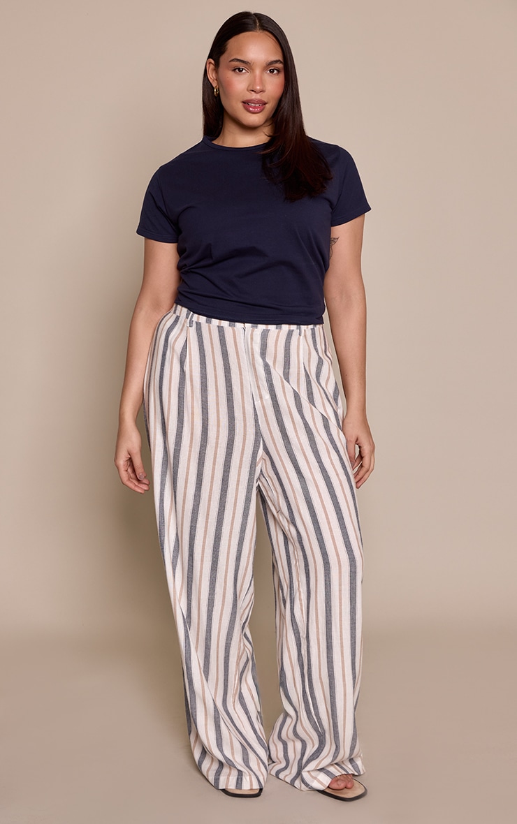 Plus Multi Stripe Linen Tailored Straight Leg Pants