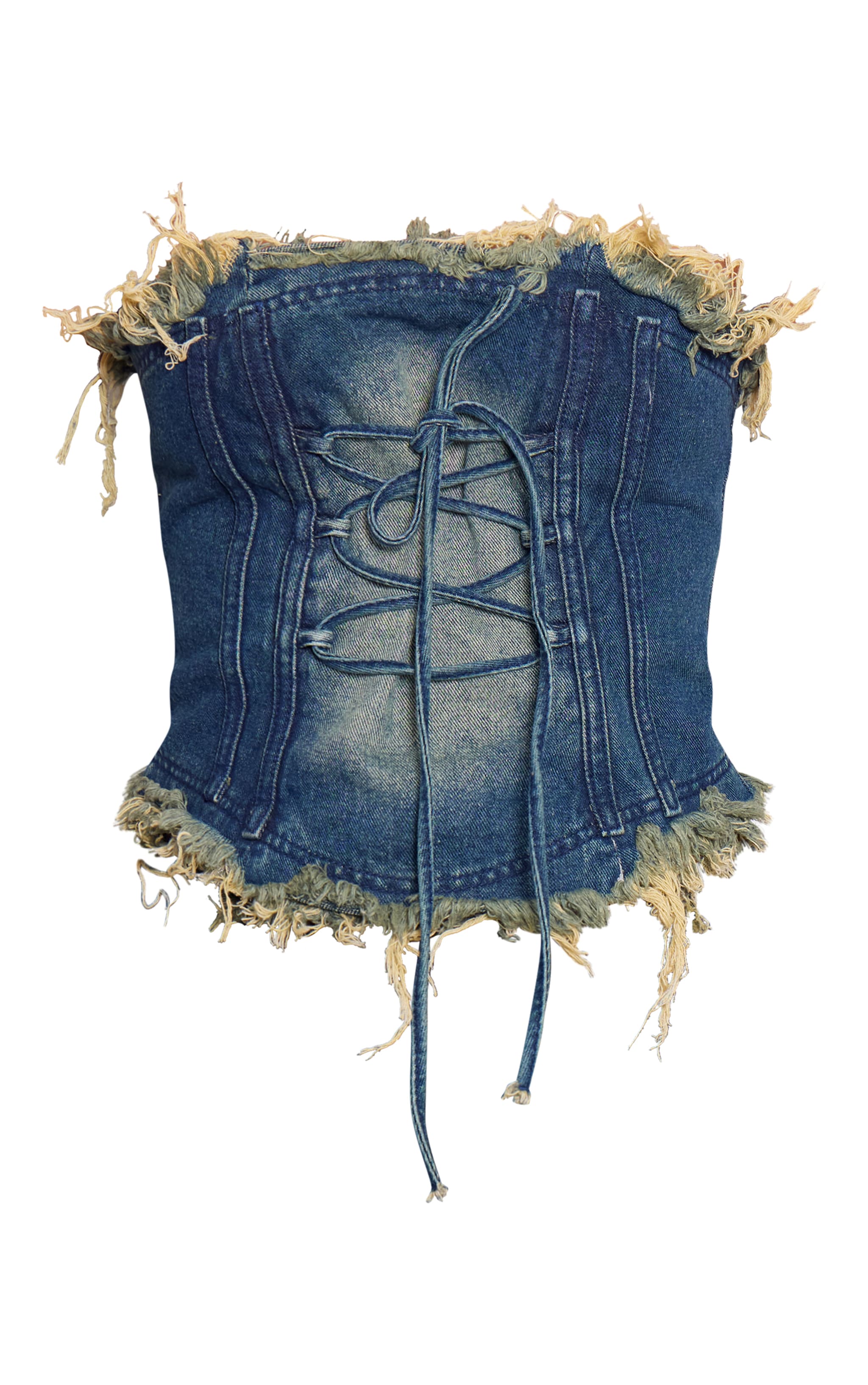 Corset en jean délavé bleu vintage à lacets et ourlets très élimés image 5